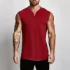 plain Cott V-neck Fitn Tank Top Men Summer Muscle Vest Gym Clothing Bodybuilding Sleevel Shirt Workout Sports Singlets 277P#