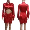 Robes décontractées Cordon Ruché Robe Moulante Femmes Club Wear Creux Out Night Party Mini Manches Longues Gaine Celebrity Anniversaire