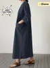 2024 Zarif ve Şık Kadınlar Uzun Elbise Vintage Yuvarlak Boyun Soyu Gevşek Pamuk Kenevir Büyük Cep 240322