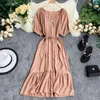 Partykleider 2024 Frauen Sommer V-Ausschnitt Puffärmel Unregelmäßige Knopf Rüschen Kleid Vintage Dame Elastic Slim Bandage Strap Pullover Midi