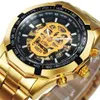 GEWINNER Offizielle Automatik-GOLD-Uhr für Herren, Stahlarmband, Skelett-Mechanik, Totenkopf-Uhren, Top-Marke, Luxus, Drop Whole 210278g