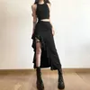 Rokken ALLNeon Gothic Zwarte Hoge Taille Bodycon Mid Rok E-Girl Punk Ruches Split A-lijn Y2K Mode Vrouwen streetwear Bodems