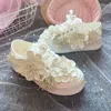 Casual Shoes Girls Sneakers 4cm Platform Spring Summer White Rhinestone Flower Wheel Canvas Travel Wedding Bride Shoe Comfort