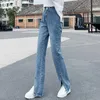 Frauen Jeans 2024 Frühling Hohe Taille Bell-Bottom Ganzkörperansicht Denim Kleidung Frauen Schwarz Flare Hosen Vorderseite Seitenschlitz Bein