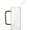Square glass cup with handle, household high aesthetic value straw water cup, heat-resistant flat bottom, heatable cup, straight tube cup
