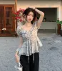 Dames blouses shirts v necy puff puff mouw verbanden zomers vouwen slanke taille tops dames vintage print Chinese stijl chemise femme y2k druppel otwps
