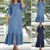 Vestidos casuais lapela vestido de manga comprida babados elegante denim maxi com plissado patchwork flowy hem mulheres para viagens