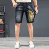 Mäns shorts europeiska station denim shorts mens hål raka sommar smala byxor tiger djurembryo mönster byxor byxa j240325