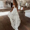 Peri Masalı Bohem Fulllace Gelinlik 2024 Seksi Spagetti kayışları ön yarık boho gelin elbise şık süpürme treni ülke gelinlikleri sırtsız vestidos de