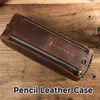 Wallets Retro Zipper Pen Pencil Bag Handmade Vintage Genuine Leather Pens Case Storage Pouch School Stationary Large Capacity Easy Carry