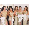 Gold Sequined Bling Sparkly Mermaid Bridesmaid Dresses Backless Slit Plus Size Maid Of The Honor Gowns Wedding Dress