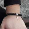 Chain Fashionable Mens Bead Bracelet Silver Cross Pendant Bracelet Natural Stone Bracelet Charming Womens Treatment Prayer Jewelry 240325