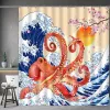 Gardiner asiatisk dusch gardin japansk traditionell svartvit Mt. Fuji Cherry Blossom Fish Waves Red Sun Octopus Badrumsdekoration