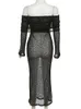 Casual Dresses Off-Shoulder Seugh-paljett maxi klänning kvinnlig lapptäcke elegant hög midjeparti ser kvinnor mode länge