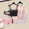 Fashion Tie-dyed Shorts Sunscreen Plaid Shirt Pink Bra Three-piece Elegant Womens Pants Set Summer Outfits Tracksuit for 240311