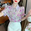 Womens Blouses Shirts High Quality Pearls Lapel Collar Floral Chiffon Shirt Women Tops 2023 Puff Sleeve Ol Elegant Blouse Blusas Camis Otxki