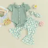 Giyim Setleri FocusNorm 0-18m bebek kız Giysileri 3pcs Kısa Kollu Yay Katı Şeritli Romper Çiçekler Baskı Flare Pants Kafa Bandı