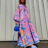 Mulheres boho floral impressão rendas maxi vestido casual vintage lanterna manga solta a linha vestido outono moda férias vestido plissado 240311