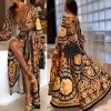 Casual Dresses Womens Boho V-neck Vintage Printed Dress Large Swing Split Sundress Long Maxi for Summer