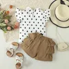 Kledingsets voor kleine meisjes 2-delige zomerset met ruches aan de mouwen, stippenprint, tops, elastische taille, 3D-strik, gelaagde shorts, baby-peuteroutfit