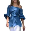 Blouzen voor dames casual vaste kleur blouse elegante skew kraag veter taille zomer met wijd uitlopende halve mouwpullover