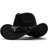 Western Cowboy Hat 3 Sizes Black Woolen Jazz Top Hat Men Ethnic Style Cow Head Ribbon Felt Cap Women Children Riding Fedora Hat 240312