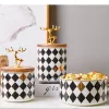 Pots de rangement en céramique, outils, grille noire et blanche, Pot de rangement en porcelaine de qualité, couvercle de cerf doré, boîte à thé, organisateur de cafetière