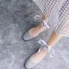 Glitter sapatos 973 casual sier ballet flats feminino dedo do pé redondo riband cross-amarrado 77225