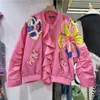 Spring Autumn Fashion Ruffled Patchwork Diamonds Sequins Baseball Jacket Coat Women Stand Collar Long Sleeve Bomber Female 240319