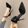 2023 Summer Black High Heel Shoes Sandaler French Girl Pointed Toe Womens Single Stiletto spänne grunt kvinnor pumpar 240312