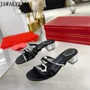 Summer 679 Women Brand Crystal Slippers Open Toe Chunky Heel Dress Slides Fashion Women's Party Beach Walking Shoes Mujer 's 309