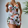 Women's Swimwear 2024 Women Summer Swimsuit Fashion Floral Print Beachwear Cover Up Skirt Sexy Push Bra Hanging Neck Bikini