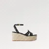 폭발 새로운 여성 Isola Wedge Sandal 1ACI6H 검은 송아지 가죽 로프 밑창 단독 서명 편안한 정제 된 청키 플랫폼 천연 브레이드 로프 골드 톤 버클