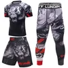 Wolf Print New Fitn Apertado T-shirt Homens Compri 4pcs / sets Sportswear Mma Rguard Homens Leggings Ginásios Musculação R Define 50Dw #