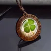 Pendant Necklaces Four Leaf Glass Dome Wooden Pendant Necklace Rope Chain Necklace Retro Jewelry St.Patricks Day GiftC24326