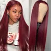 Perruque Lace Wig synthétique lisse sans colle bordeaux 99J, perruque Lace Wig pre-plucked résistante à la chaleur avec Baby Hair pour femmes