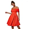 Etniska kläder 2024 Elegant Bow Off Shoulder Christmas Party Dress Fashion Vintage Temperament Short Sleeve Retro Red Evening Prom Midi