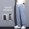 Summer Soft Lyocell Tissu Jeans pour hommes Mince Pantalon droit lâche Cordon Taille élastique Corée Pantalon décontracté Plus Taille M-5XL O9lP #