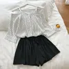 Vestidos de trabalho verão mulheres y dois conjuntos de peças casual listrado chiffon blosu tops shorts cintura elástica calças largas perna terno conjunto drop entregar otlza