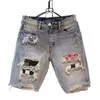 summer Men Hole Denim Short Pants Fi Beggar Scraped Five-piece Jeans Shorts v0iK#