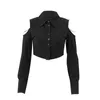 WhereMery OL Sexy Off Shoulder Black Blouse Poloneck Button Cardigan Crop Tops Women Formal Occasions Long Sleeve Slim Clothes 240322