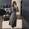 High End Gray for Women in Autumn and Winter 2023, New Waistband Slimming Design, Off Shoulder Fake Two Piece Long Dress Trend