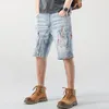 Été Denim Shorts Jeans Hommes Hip Hop Peinture Streetwear Ripped Short Jeans Mâle Patchwork Bleu Clair Stretch Jeans Longueur Au Genou w0io #