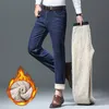 2023 Pluszowe wełniane dżinsy męskie ciepłe ciepłe spodnie termiczne 28-40 Proste stretch streetwear butowe spodnie codzienne dla mężczyzn 48UE#