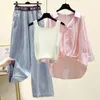 Été Femmes Vêtements Outfit Dames Casual Chemise Lâche Gilet Jambe Large Denim Pantalon 3 Pièces Ensembles Mode Lettre Jeans Blouse 240326