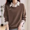 Womensspring Autumn Striped Patchwork Pullover Turndown Collar Solid Rivet Button Lång ärm Tshirt Hoodies Sports Tops 240313