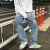 Män denim byxor femspetsiga stjärnmönster broderier lösa breda ben streetwear solid mid midja baggy jeans raka byxor k86r#