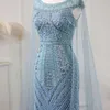 Perlée Dubaï Sirène Sharon Dit Bleu Robes De Soirée Avec Cape Manches 2024 Grande Taille Femmes Robe De Soirée De Mariage Ss195