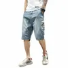 Shorts jeans verão homens casuais soltos plus size 42 40 38 na altura do joelho ajuste menino adolescente jeans masculino esticado grande metade calças e6gI #