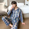 Heren cott pyjama nachtkleding Lg-mouwen Broek Pakken voor Lente en Herfst Pijamas Geruite print Pyjama voor Mannen homewear pj X3UC #